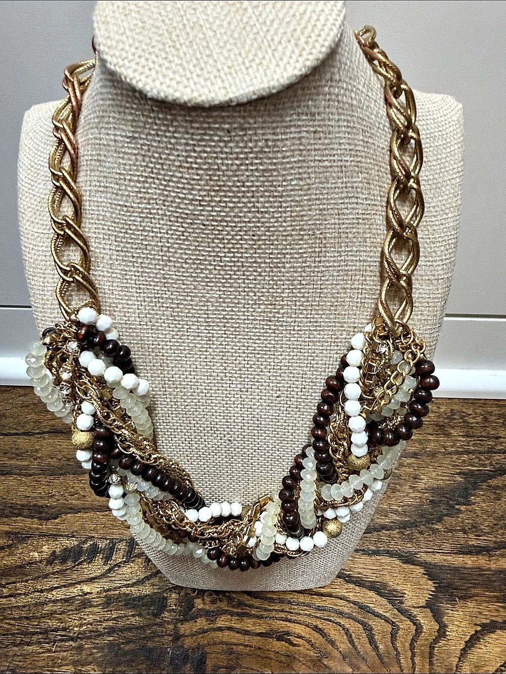 Layered Beaded Statement Necklace in Brown & White Like New